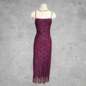 Gorgeous Vintage Burgundy Wine Red Metallic Fringe Hem Slip Midi Dress- S/M